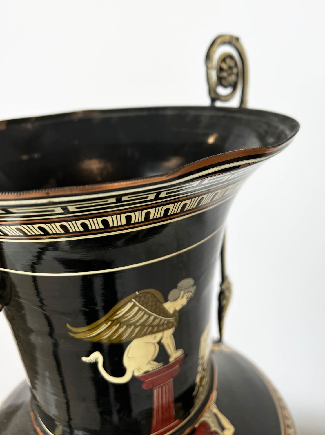 TOLEWARE URN, hand-painted with ancient Greek konography, 66cm x 35cm. - Image 3 of 5