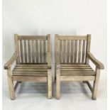 GARDEN ARMCHAIRS, a pair weathered teak and slatted, 63cm W. (2)