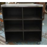 POLIFORM SHELVING SYSTEM, three divided tiers, ebonised with aluminium edging, castors, 114cm H x