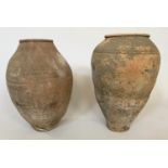 OLIVE JARS, two vintage traditional form with sgraffito decoration, 66cm H and 63cm H. (2)