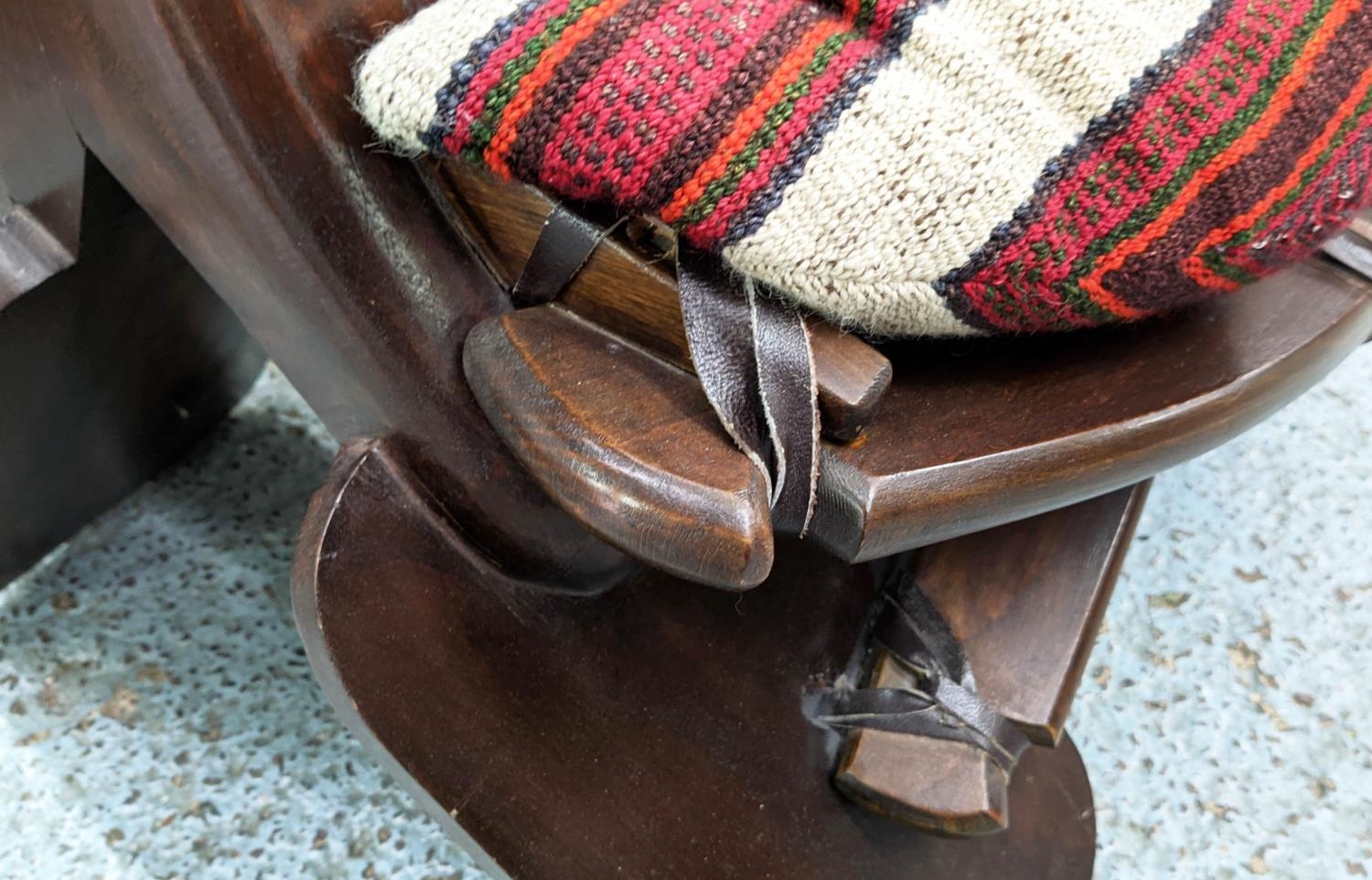 CAMEL SADDLE, contemporary, with kilim seat cushion, 70cm x 70cm x 58cm. - Image 3 of 5