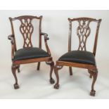 DINING CHAIRS, a set of ten, Chippendale style mahogany including two armchairs with black fabric