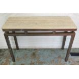 CONSOLE TABLE, 75cm x 102cm x 34cm, aged metal base, stone top.