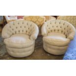 ARMCHAIRS, 78cm H x 94cm, a pair, in ticking with seat cushions and castors. (2)