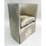TUB ARMCHAIR, silver gold silk sateen brocade, with arched back and cushion, 70cm W.