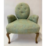 ARMCHAIR, 1930's peppermint green and gold brocade upholstered and rounded buttoned back, 61cm W.