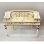 CARLTON HOUSE DESK, 1950's style cream and gilt lacquered with drawers, cupboards and hand painting,