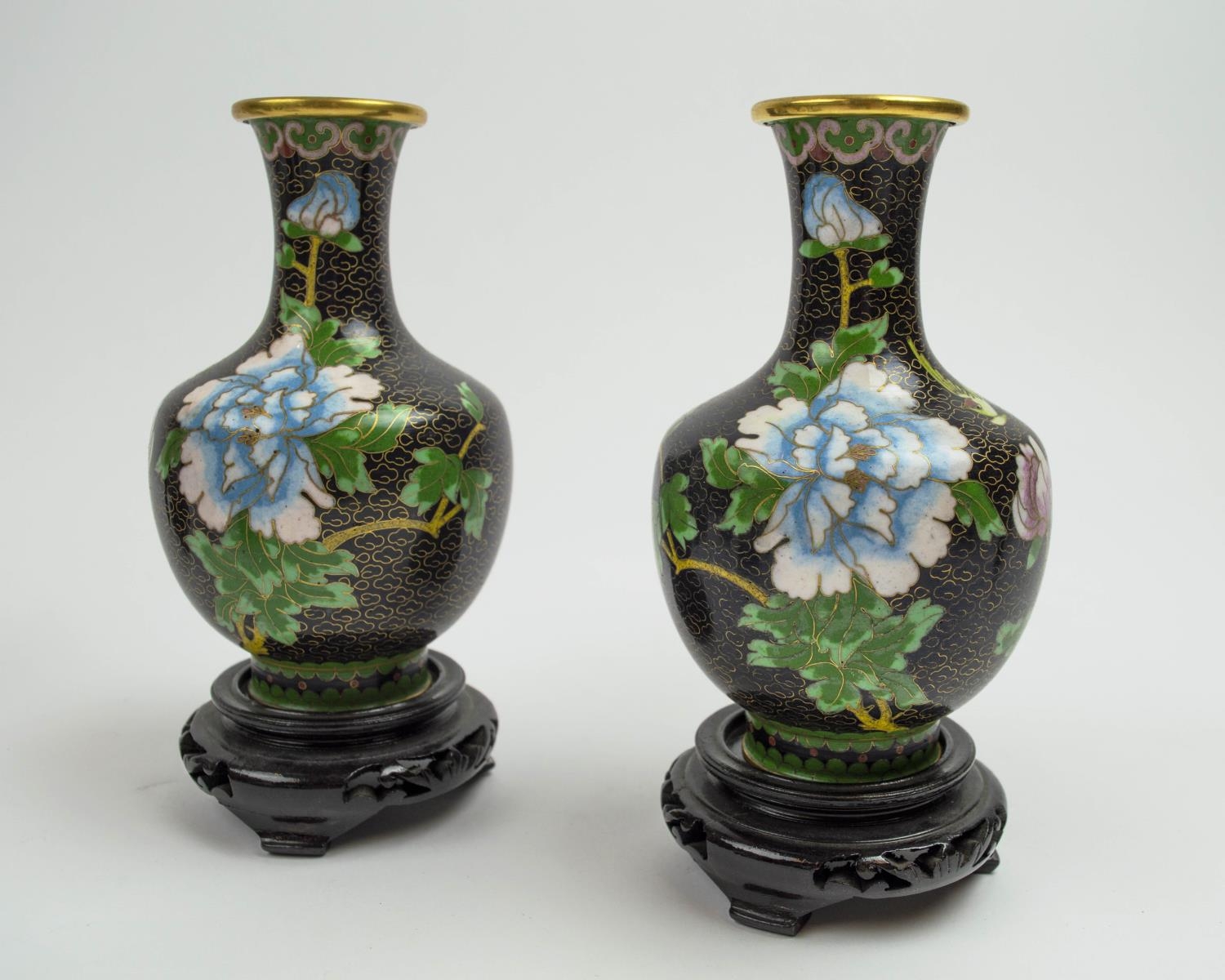 CLOISONNE VASES, three pairs, 20th century along with a plate and bowl on carved wooden stands, 20cm - Image 2 of 8