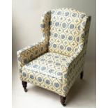 ARMCHAIR, Victorian walnut, framed with piped blue and gold tracery printed upholstery and turned