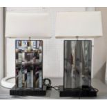 TABLE LAMPS, a pair, 75cm H, with shades, mirrored with faux leather base.
