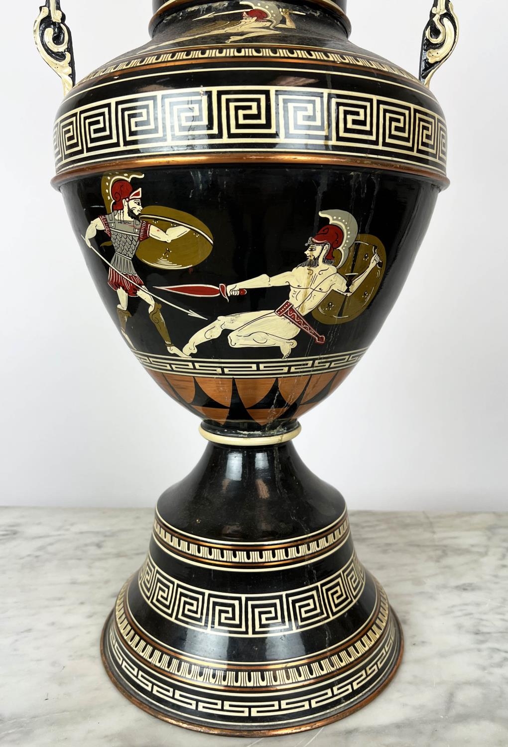 TOLEWARE URN, hand-painted with ancient Greek konography, 66cm x 35cm. - Image 5 of 5