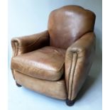 CLUB ARMCHAIR, 88cm W, 20th century French bespoke piped, padded and studded leather with feather