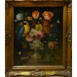 DUTCH MANNER 'Still Life of Flowers with Parrot', oil on board, 76cm x 61cm, framed.