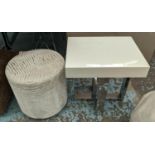 CYLINDRICAL STOOL, 40cm W x 43cm H, ribbed velvet fabric along with a cream side table, 40cm D x