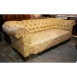 CHESTERFIELD SOFA, 67cm H x 207cm W, 19th century manner mahogany in gold damask.