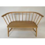 HALL SEAT, vintage 1970's beech and elm Ercol style with enclosed rail back, 104cm W.