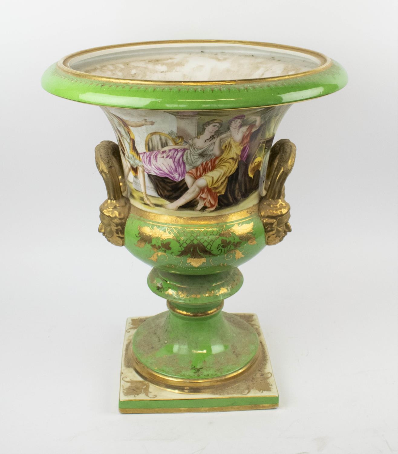 CERAMIC URN, Continental porcelain, two handles form, hand painted and gilded, depicting classical