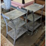 ETAGERES, 72cm H x 52cm H x 34cm D, a pair, grey painted and silvered with three tiers and rams head