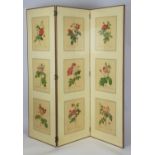 SCREEN, 20th century of three leaf form decorated with rose printed panels, each leaf 170cm H x