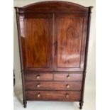 LINEN PRESS, Regency mahogany with arched cornice, spiral columns, three sliding trays, two doors