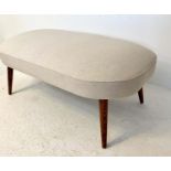 STOOL, 46cm H x 106cm W x 54cm D, 1960's Danish style, oblong oval in form, neutral cream