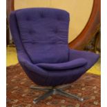 PARKER KNOLL STYLE SWIVEL CHAIR, 91cm H x 78cm, mid 20th century blue/purple material on aluminium