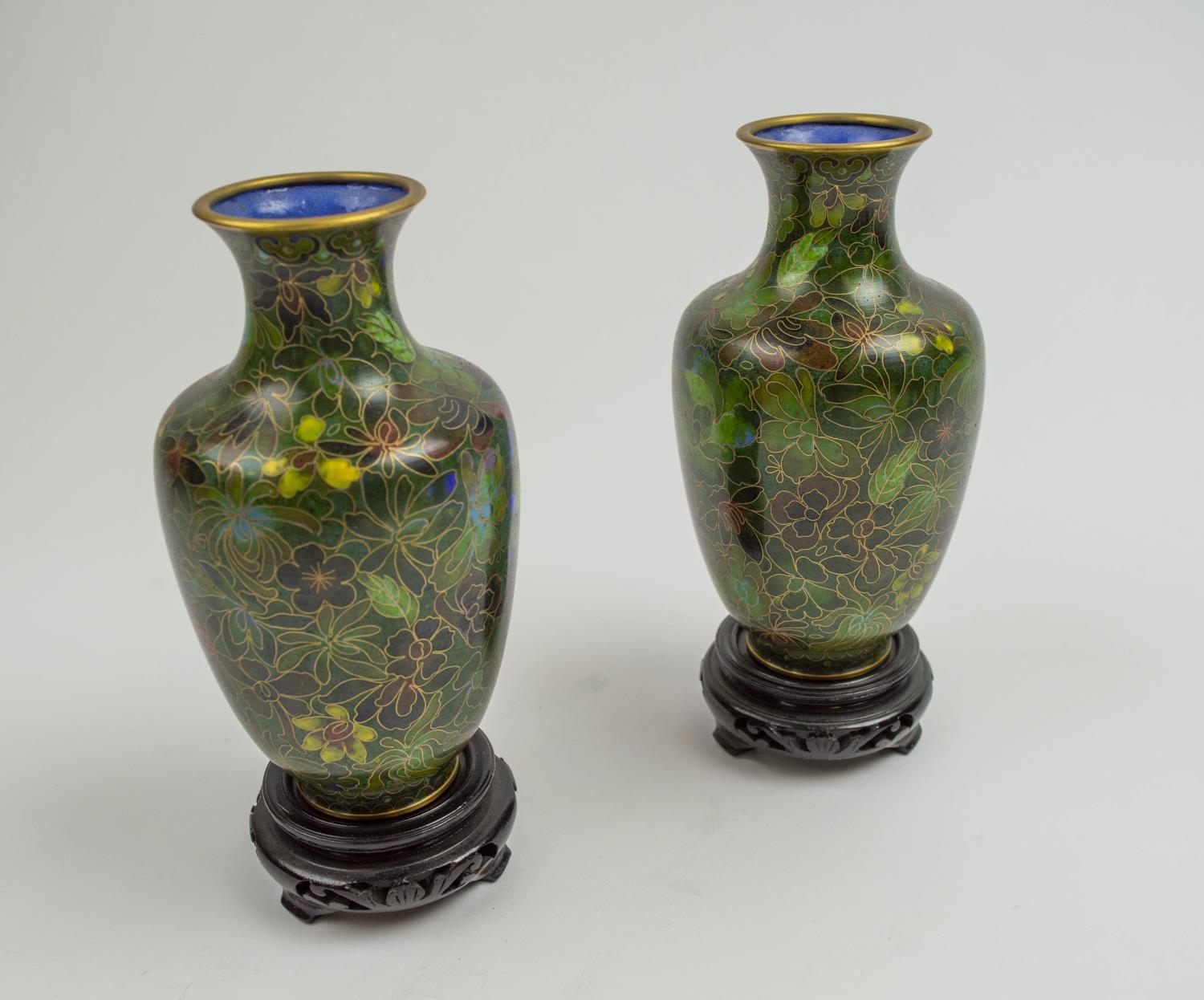 CLOISONNE VASES, three pairs, 20th century along with a plate and bowl on carved wooden stands, 20cm - Image 7 of 8