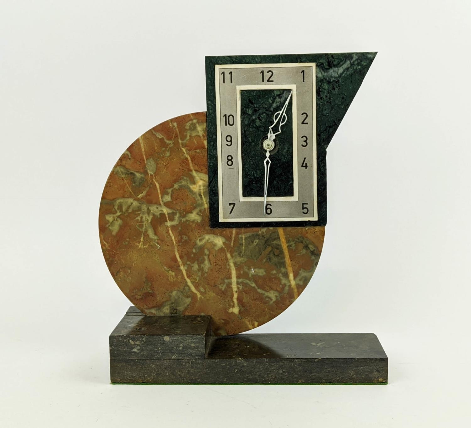 MANTLE CLOCK, MARBLE ART DECO, 1930s, square dial Arabic numbers, 27cm H x 27cm W x 12cm D.