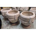 GARDEN PLANTERS, a set of three, composite stone, 40cm x 38cm diam, Greek key and grape detail. (3)