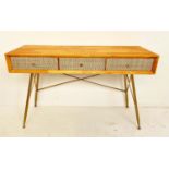 CONSOLE TABLE, 1960s Danish style, 3 drawers, rattan detail, gilt metal base, 76x120x38.