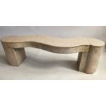 GRANITE GARDEN SEAT, shaped solid granite seat on rounded solid end supports, 160cm W x 45cm H.