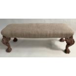 HEARTH STOOL, 36cm H x 98cm W x 36cm D, North Indian rectangular linen upholstered with Padouk