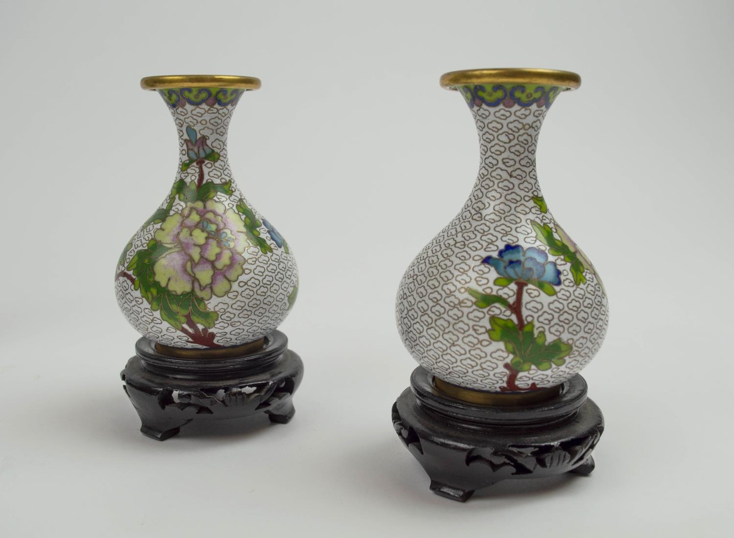 CLOISONNE VASES, three pairs, 20th century along with a plate and bowl on carved wooden stands, 20cm - Image 3 of 8