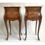 BEDSIDE CHESTS, a pair, French Louis XV style Kingwood, marquetry and marble with three drawers