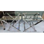 SIDE TABLES, a pair, X frame design glass tops, 60cm x 45cm x 60cm.