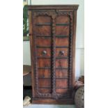 INDIAN CARVED LINEN PRESS, metal binding, 85cm x 42cm x 183cm.