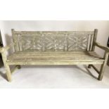 TRELLIS GARDEN ESTATE BENCH, silvery weathered teak with triple lattice panelled back, 180cm W.