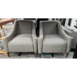 ARMCHAIRS, a pair, grey upholstery, solid beech legs, 91cm H x 81cm W x 85cm D. (2)