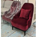 ARMCHAIRS, a pair, high back design, red fabric finish, 70cm x 82cm x 100cm H. (2)
