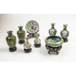 CLOISONNE VASES, three pairs, 20th century along with a plate and bowl on carved wooden stands, 20cm