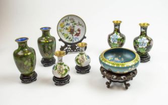 CLOISONNE VASES, three pairs, 20th century along with a plate and bowl on carved wooden stands, 20cm