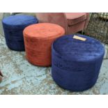 POUFFES, set of three, circular form, comprising two blue and one red, upholstered throughout,
