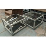 SIDE TABLES, a pair, 64cm x 64cm x 41cm, Italian style cube design, smoked glass tiers, on