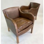 ARMCHAIRS, 64cm W, a pair, 1970s Scandinavian style mid brown leather, and feather cushioned with