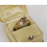 RING, diamond, sapphire and pearl set dress ring, yellow metal shank, probably 18ct, the single