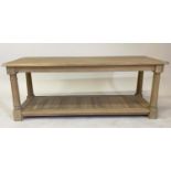 LOW TABLE BY NEPTUNE, rectangular solid oak with undertier and turned columns, 120cm W x 42cm D x