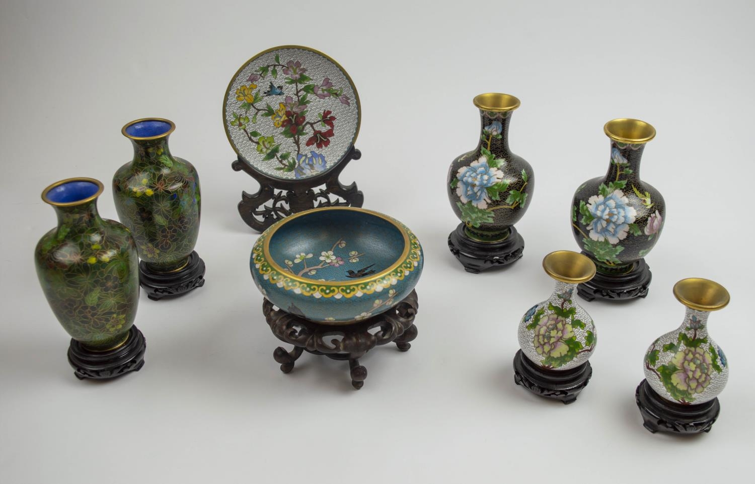 CLOISONNE VASES, three pairs, 20th century along with a plate and bowl on carved wooden stands, 20cm - Image 8 of 8