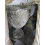 GARDEN URNS, a pair, composite stone, 68cm H x 47cm, swirl detail. (2)