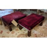 FOOTSTOOLS, five in total, comprising a pair of red velvet, oak footstools, a late 19th century