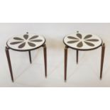 PETAL OCCASIONAL TABLES, a pair, 1960 circular laminated coffee brown petal each on three tapering